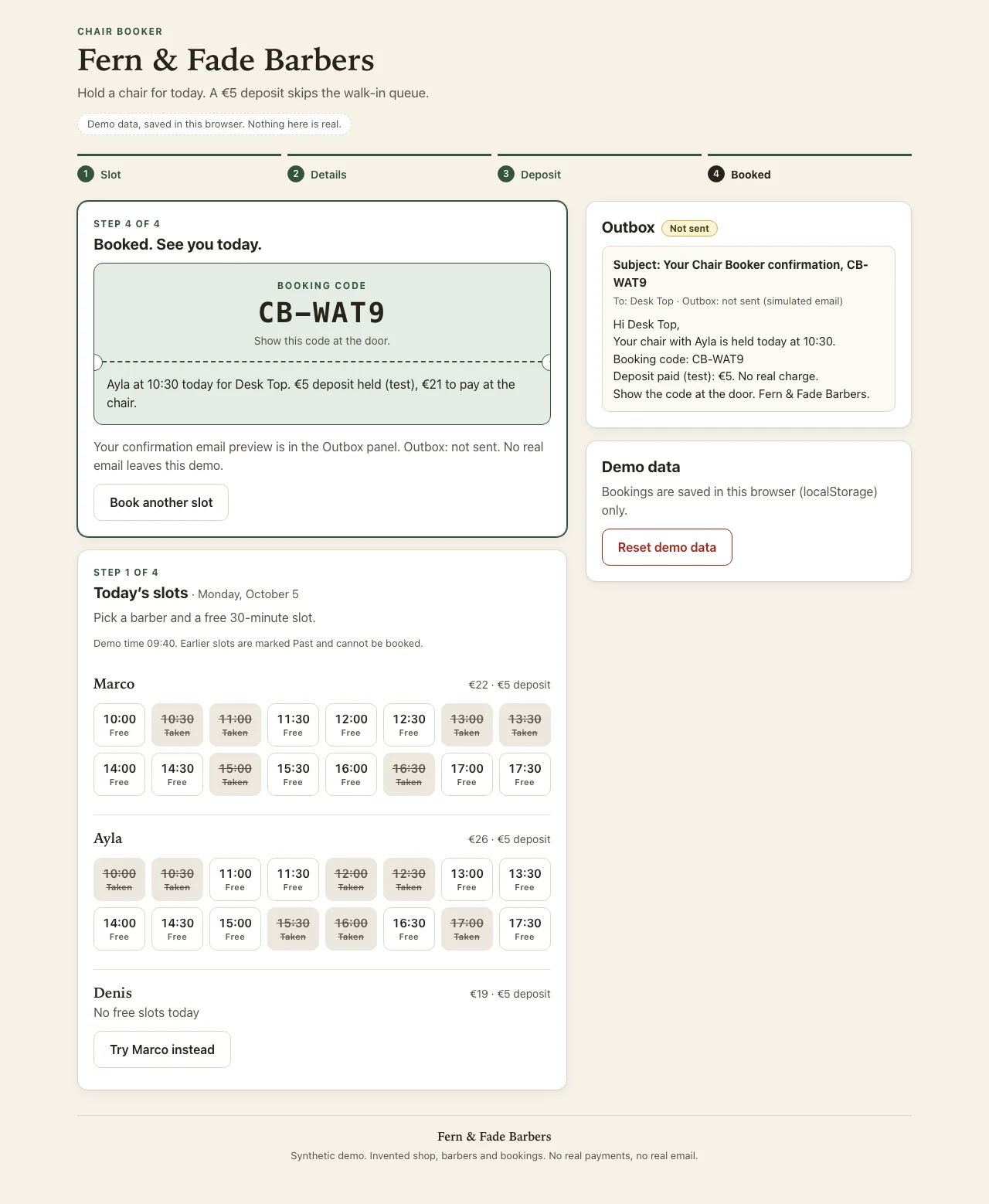 Desktop: the booking code, and the email preview in the Outbox marked Not sent.