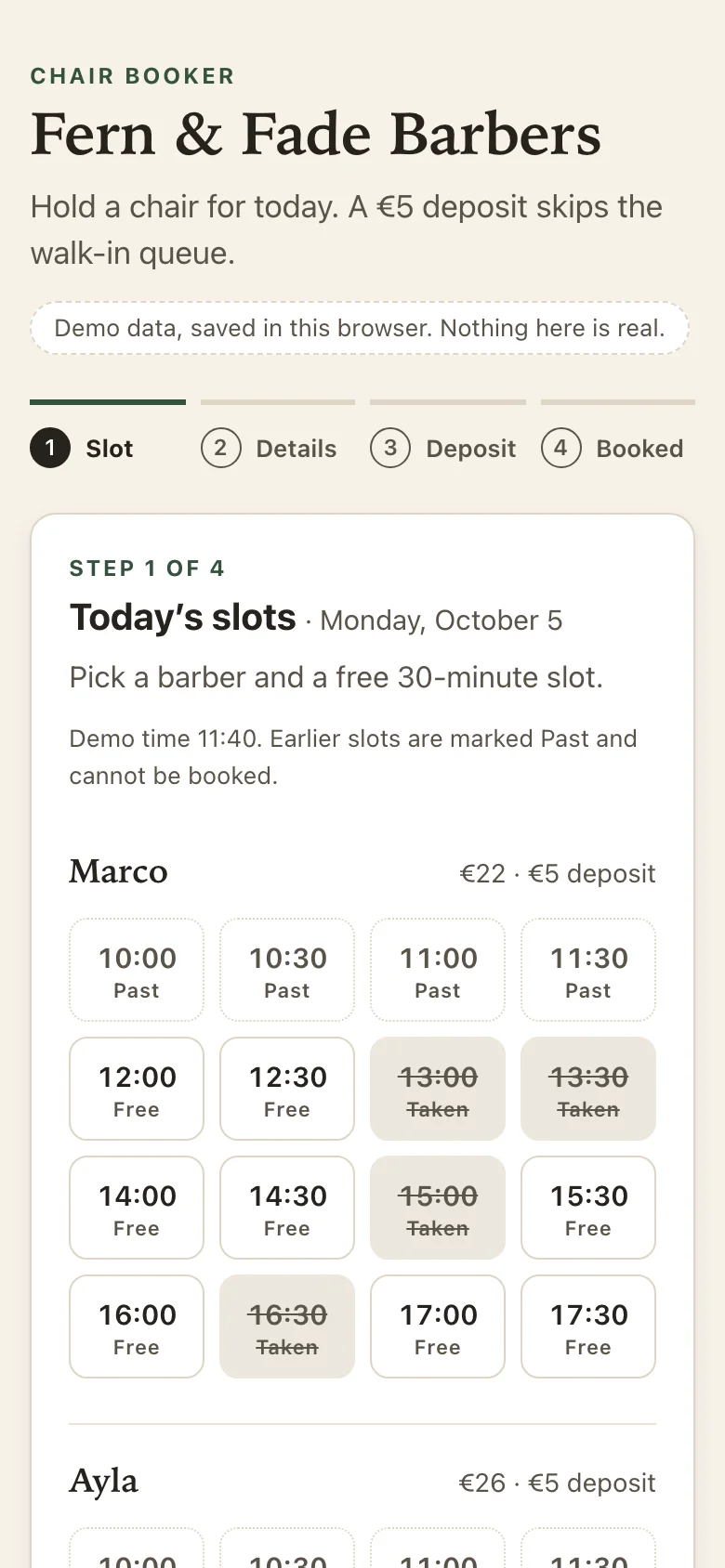 Morning slots marked Past once the demo clock passes them.