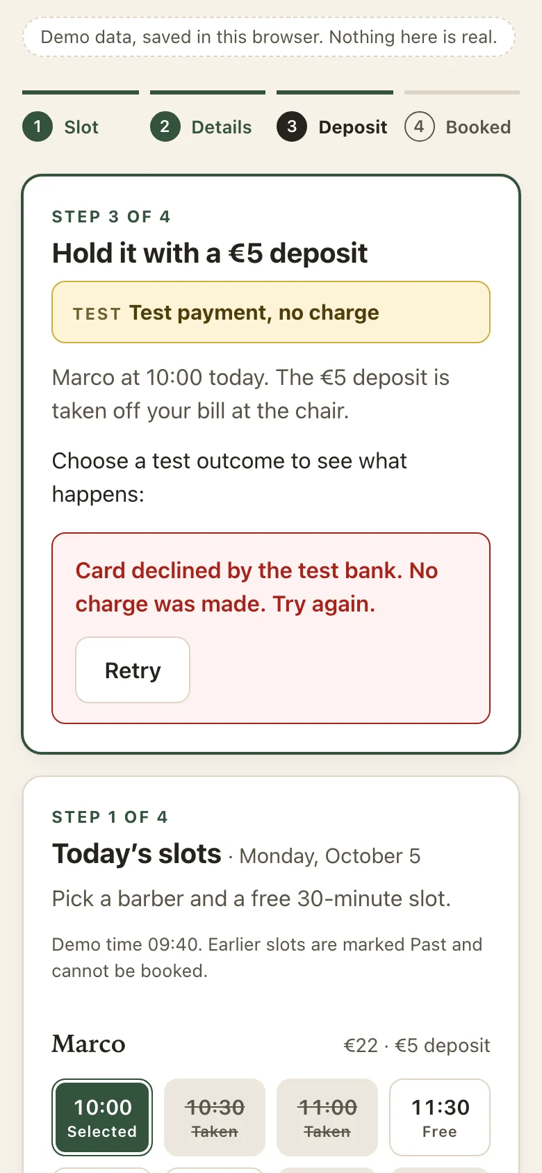 A declined test card: no charge, and a Retry.
