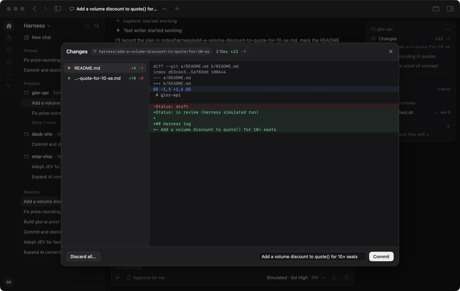 Per-file diff with a commit message, Commit and a two-step Discard.