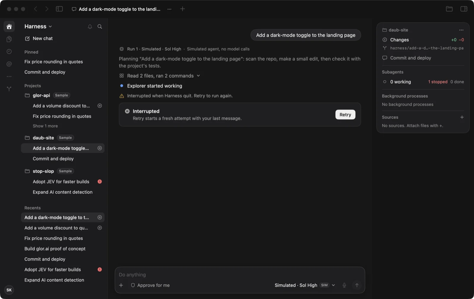 Quit mid-run and reopen: the chat says Interrupted and offers Retry.