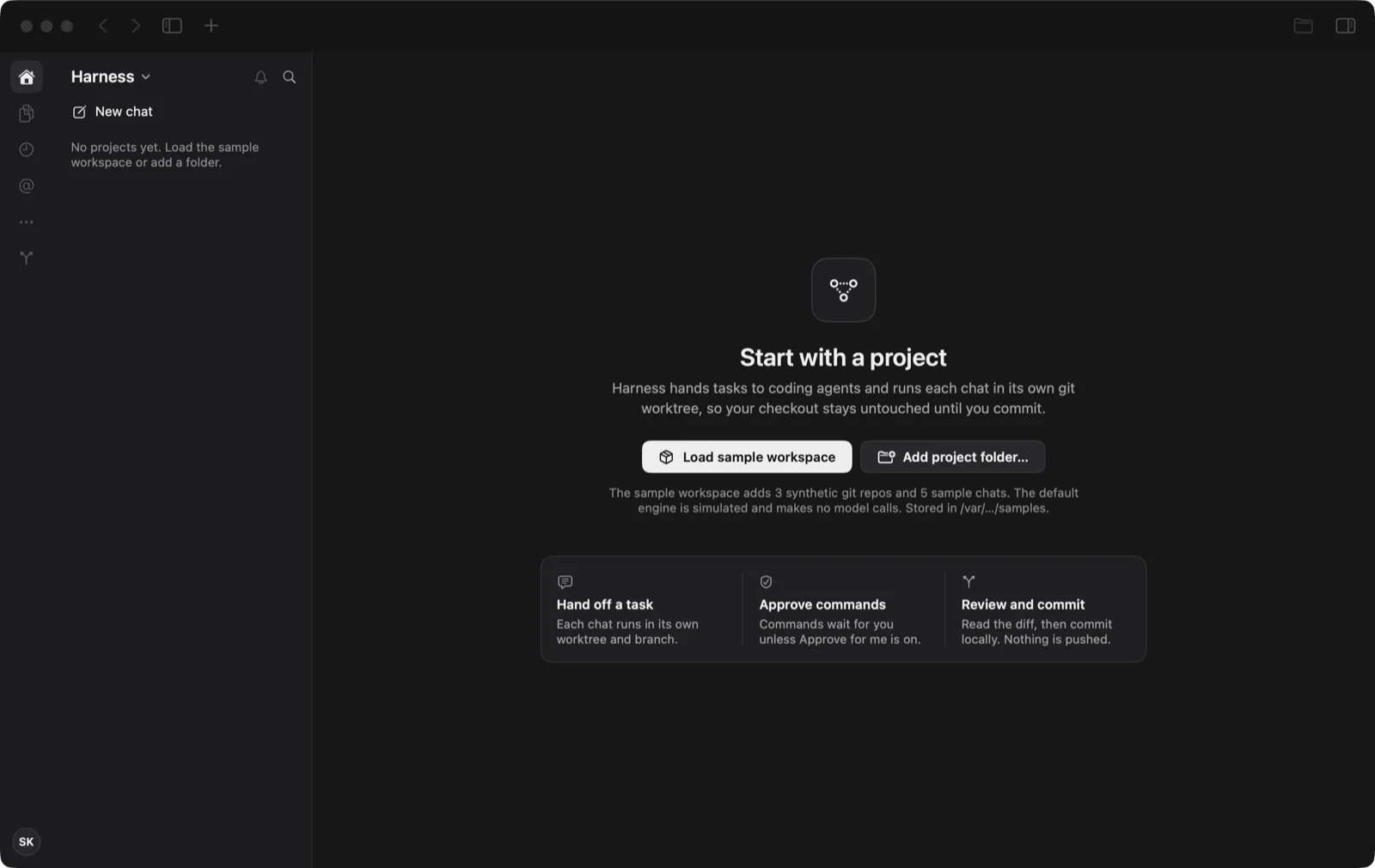 First launch offers a synthetic sample workspace or your own git project.