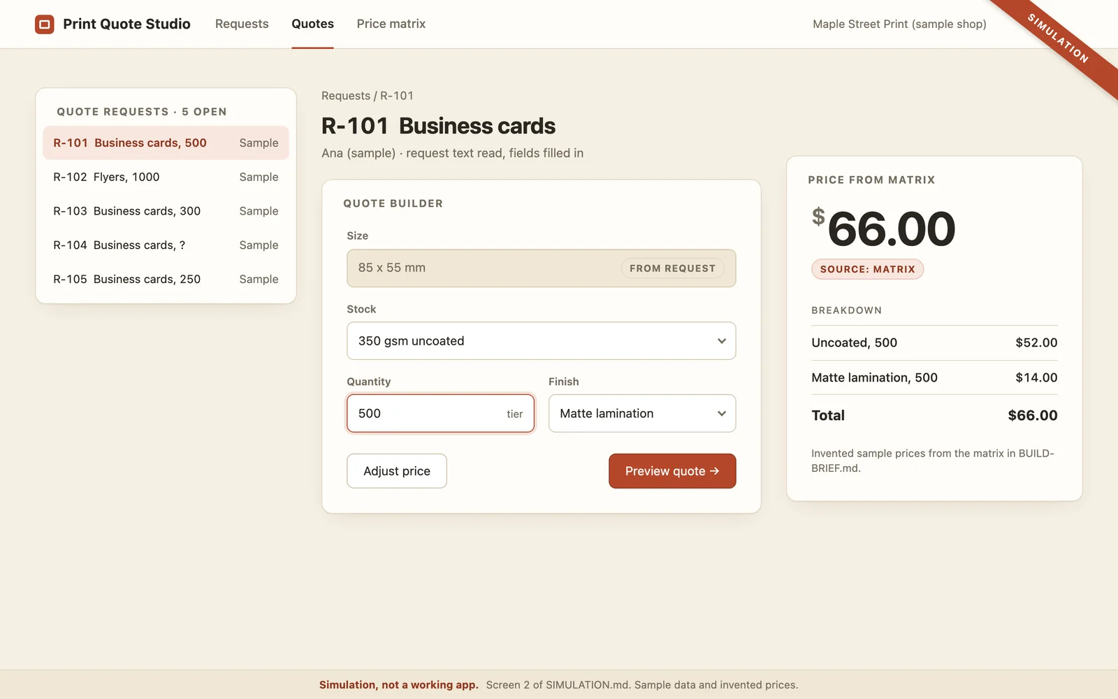 Simulated screen: a business-card quote priced from the table, with the breakdown.