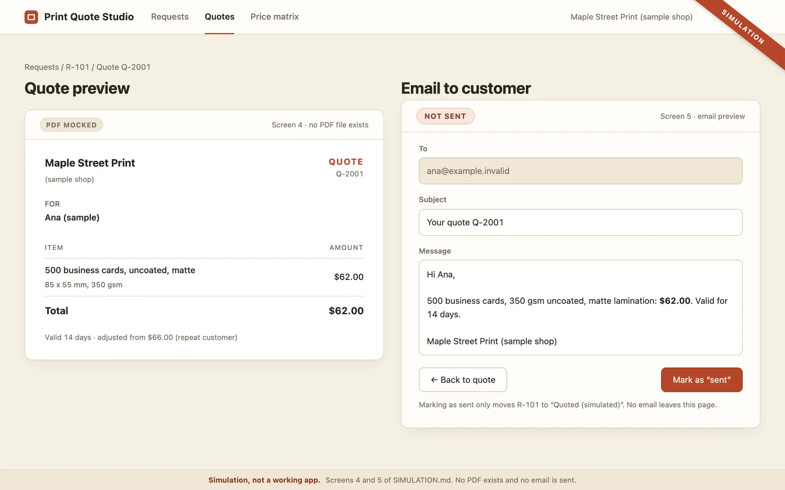Simulated screen: the quote preview beside an email marked Not sent.