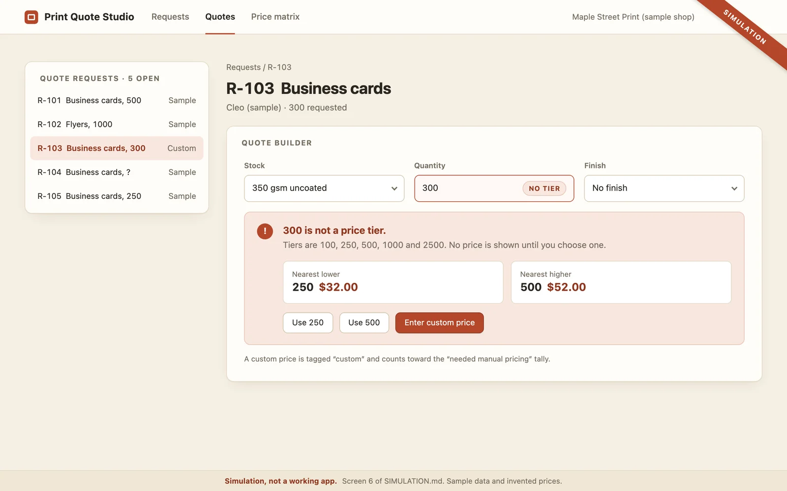 Simulated screen: a quantity outside the table, with the nearest priced tiers offered.