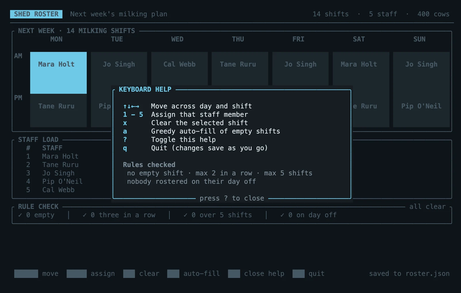 The help screen lists every key.