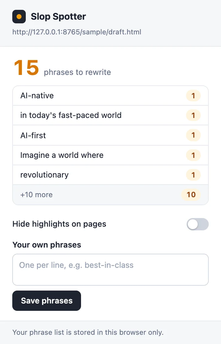 The popup: a count per phrase, a switch to hide the marks and a box for your own phrases.