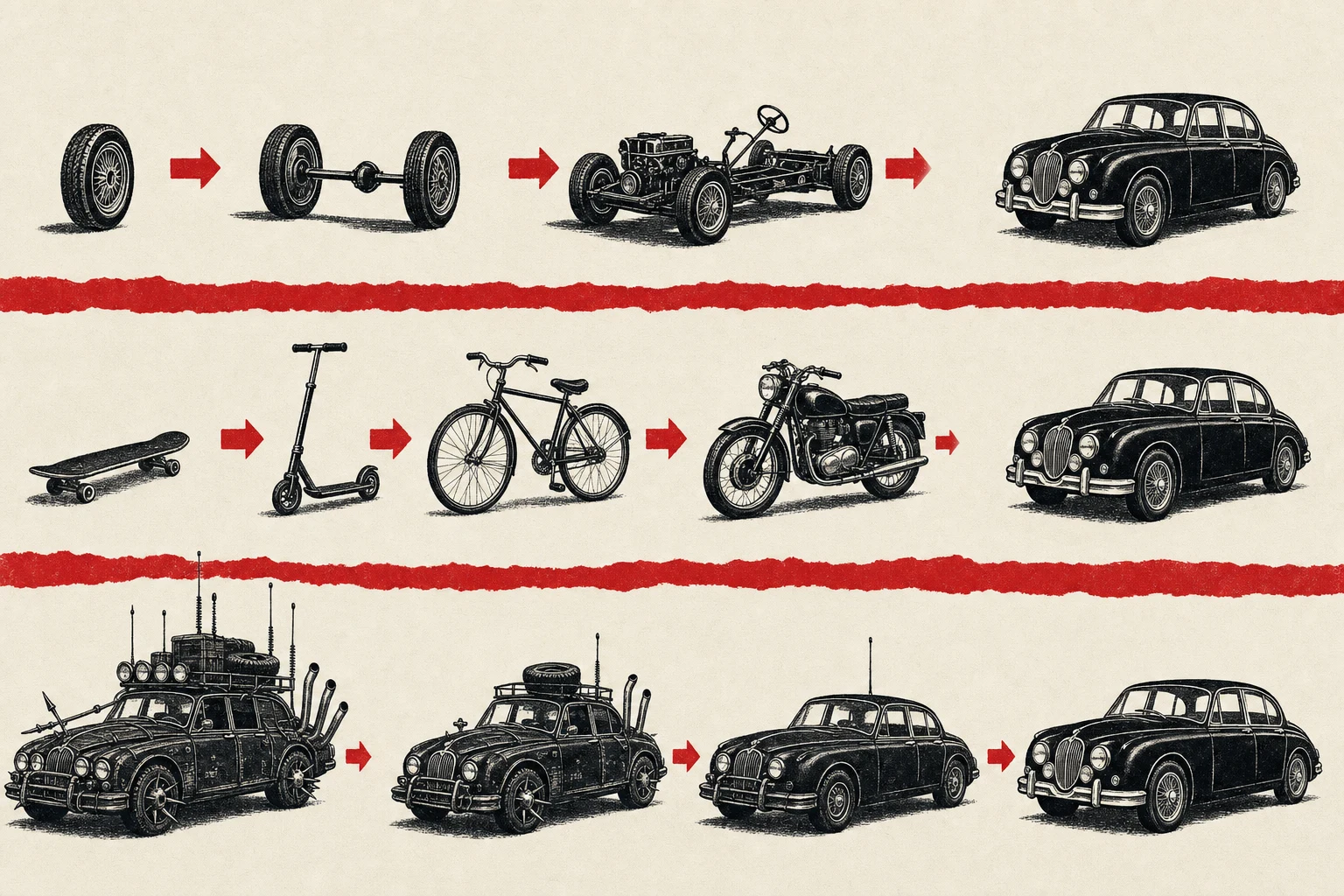 The canonical three-row methodology diagram: row one (Waterfall) shows a wheel, axle, chassis, and finished sedan; row two (Agile) shows a skateboard, scooter, bicycle, motorbike and sedan; row three (Sculpting) shows an over-engineered Mad-Max contraption being chipped down through three intermediate forms to the same finished sedan, with a single vermillion chisel-mark highlighting the subtraction on row three.