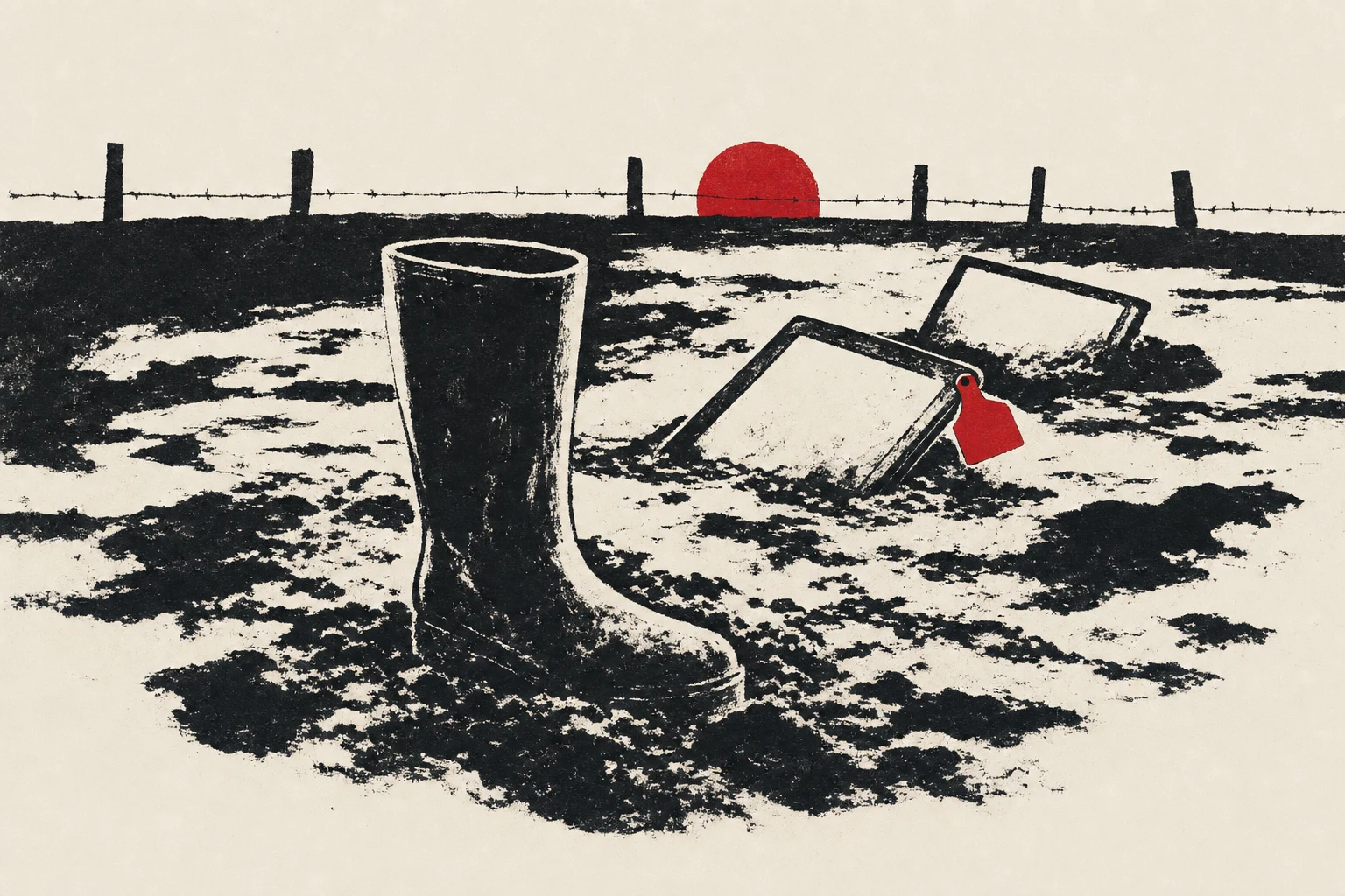 A muddy paddock with a single wellington boot in the foreground and two iPad-shaped rectangles half-sunk into a puddle behind it, one wearing a small vermillion cow-ear tag.