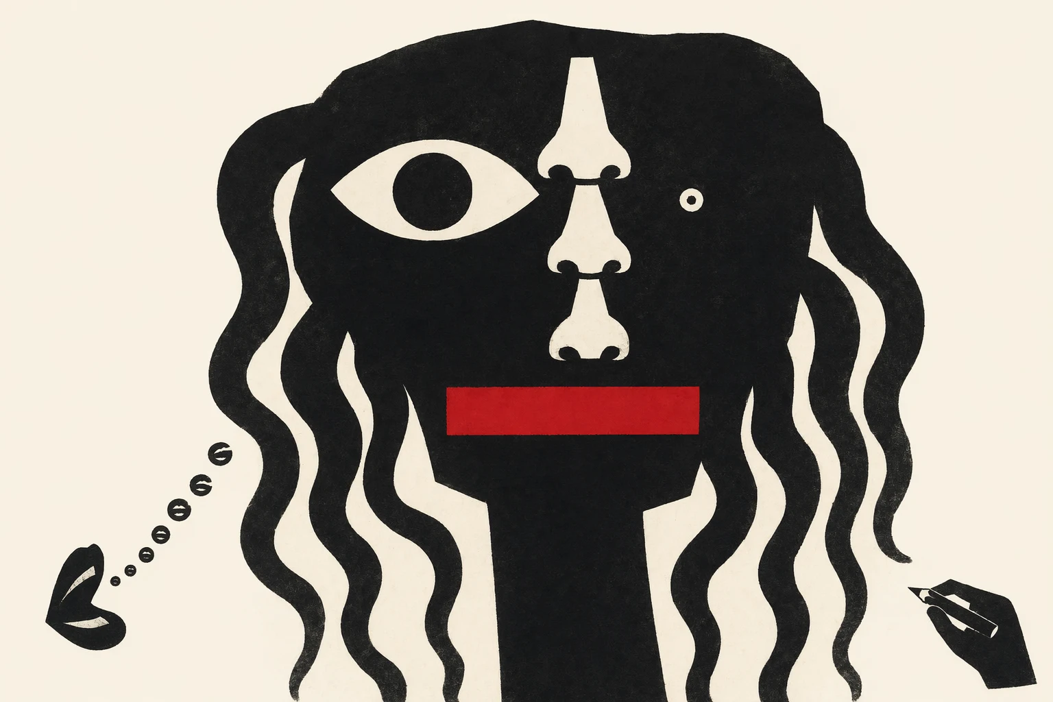 A witness on the left gesturing wildly with both hands, mid-sentence, eyes shut; on the right, a serious police sketch artist at his drawing board producing an absurd unrecognisable composite sketch with too many features, looking satisfied with his work. The witness is not watching. The sketch is the joke.