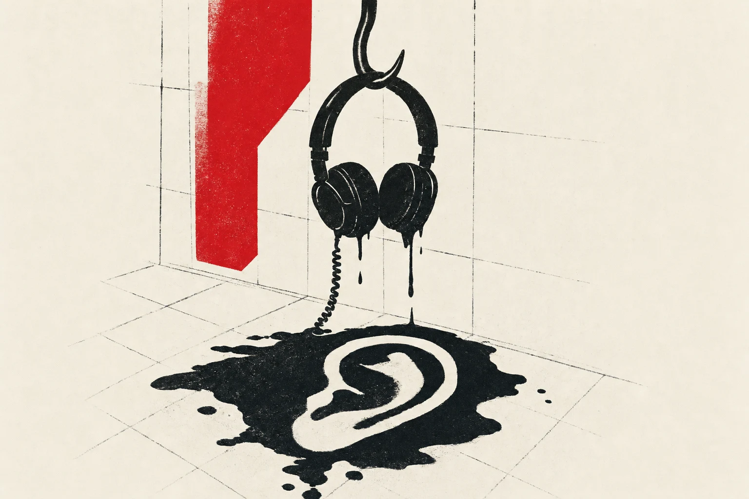 A pair of simultaneous-interpreter headphones in a velvet presentation box on a studio desk, the spiral cord trailing off the edge with a small vermillion price tag dangling from it.