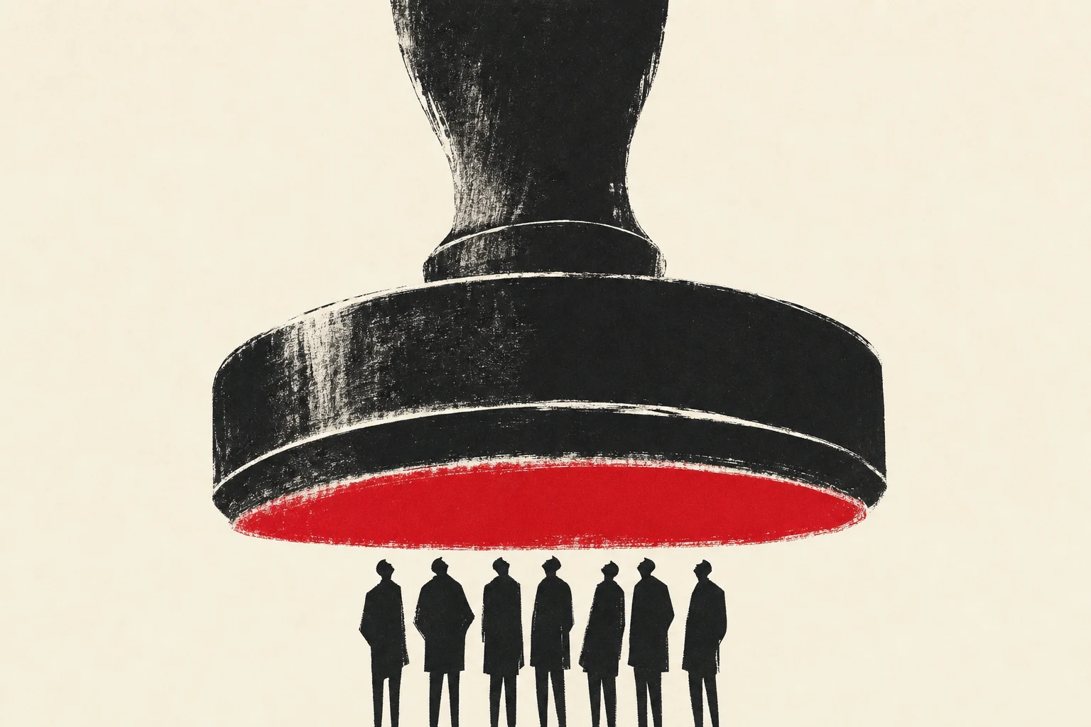 A long boardroom table with seven identical suited silhouettes leaning over a single small scrap of paper in the centre, with a vermillion rubber stamp resting at the table edge.
