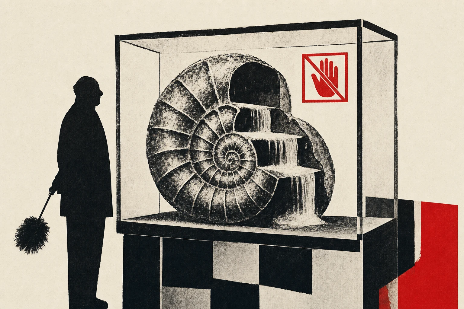 A museum plinth labelled WATERFALL holds nothing but a single dusty three-ring binder titled SPECIFICATION v17, with a small vermillion neon dollar-sign on the wall behind it, one letter flickering.