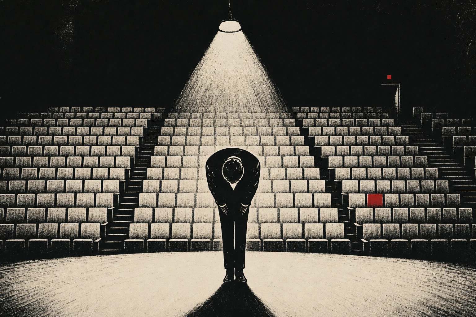 A small theatre stage with tiered seating filled by identical laptops, a single speaker holding a Post-it at arm's length at the lectern, and a vermillion stage curtain being pulled across from the wings.