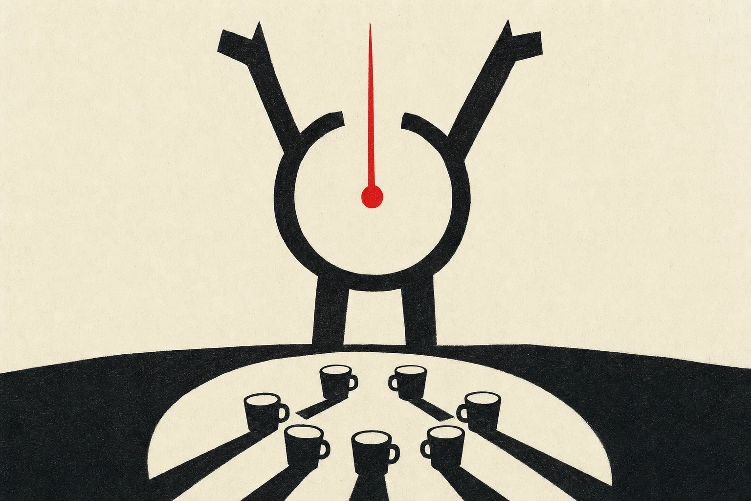 Four colleagues stand in an office around a wall clock reading 9:27, holding cooling coffees, while a vermillion velocity arrow climbs optimistically up and out of frame above them.