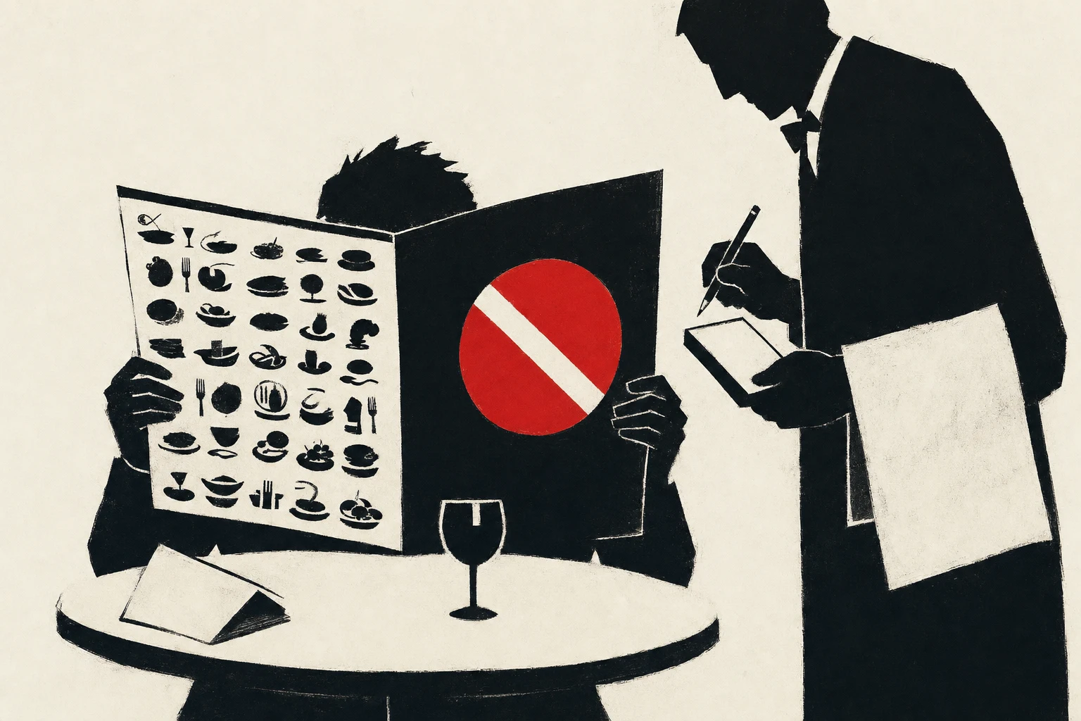 A bewildered diner at a cafe table holds open a restaurant menu the size of a small tablecloth while a patient waiter stands beside them with a pencil; a single small vermillion HOME button sits on the menu's cover.
