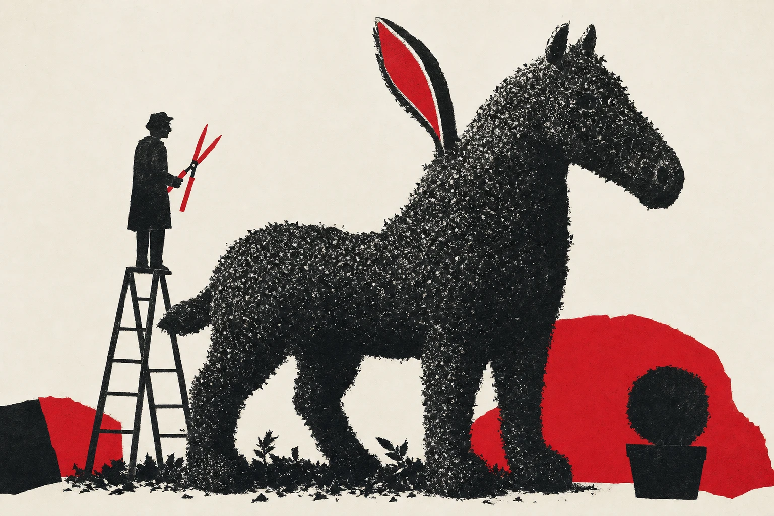 A topiary hedge shaped like an animal that has clearly been trimmed by three different people — a horse's head on a dog's body with one rabbit ear; a small figure with vermillion-handled shears considers it from a step-ladder.