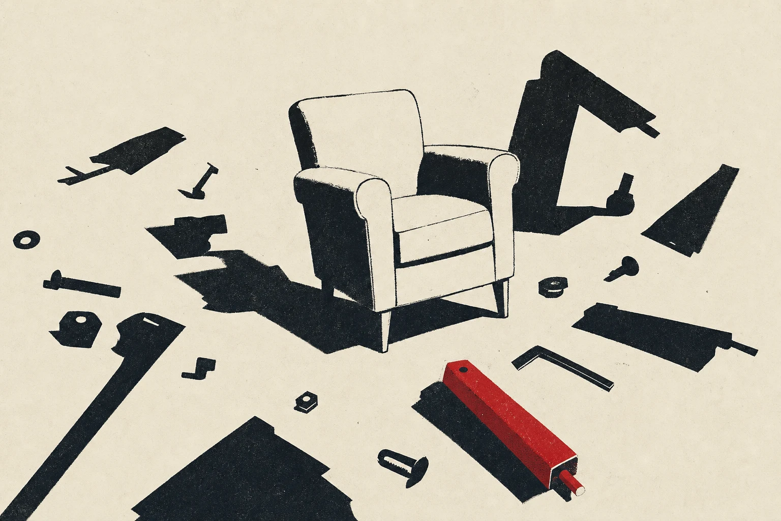 An IKEA-style flatpack assembly diagram taped to a wall with its figure-with-a-spanner crossed through; below it, a finished chair with four different-length legs stands lopsided on a rug, a vermillion Allen key discarded on the floor.