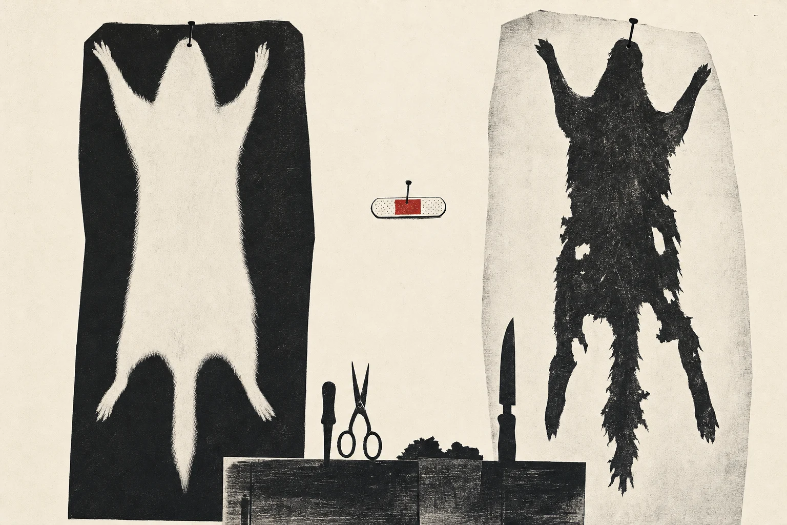 Two work gloves laid flat on a workbench side by side — the left glove tagged SCULPTOR in vermillion stencil, the right tagged HARDENER; a single senior engineer's notebook lies open between them.