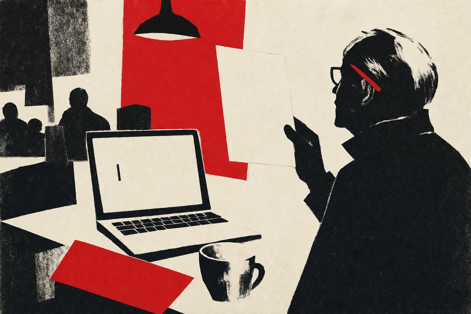 A cafe table with a laptop showing only a flashing cursor, a half-finished mug and a senior editor opposite holding a printed draft to the light with a vermillion red pen tucked behind the ear.