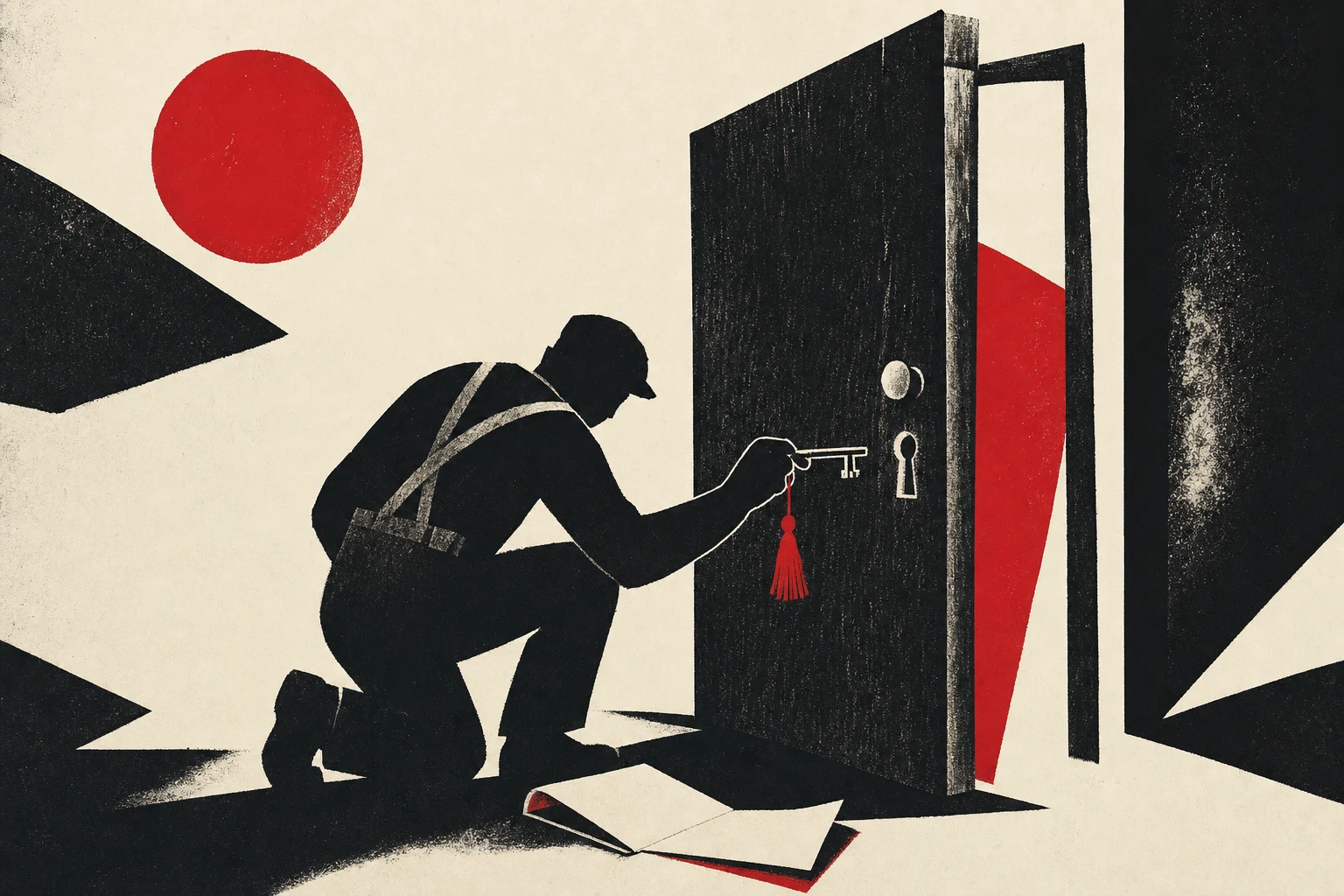 A locksmith crouching at an open door, tools laid out on the mat beside them, inspecting the lock mechanism rather than the door itself.