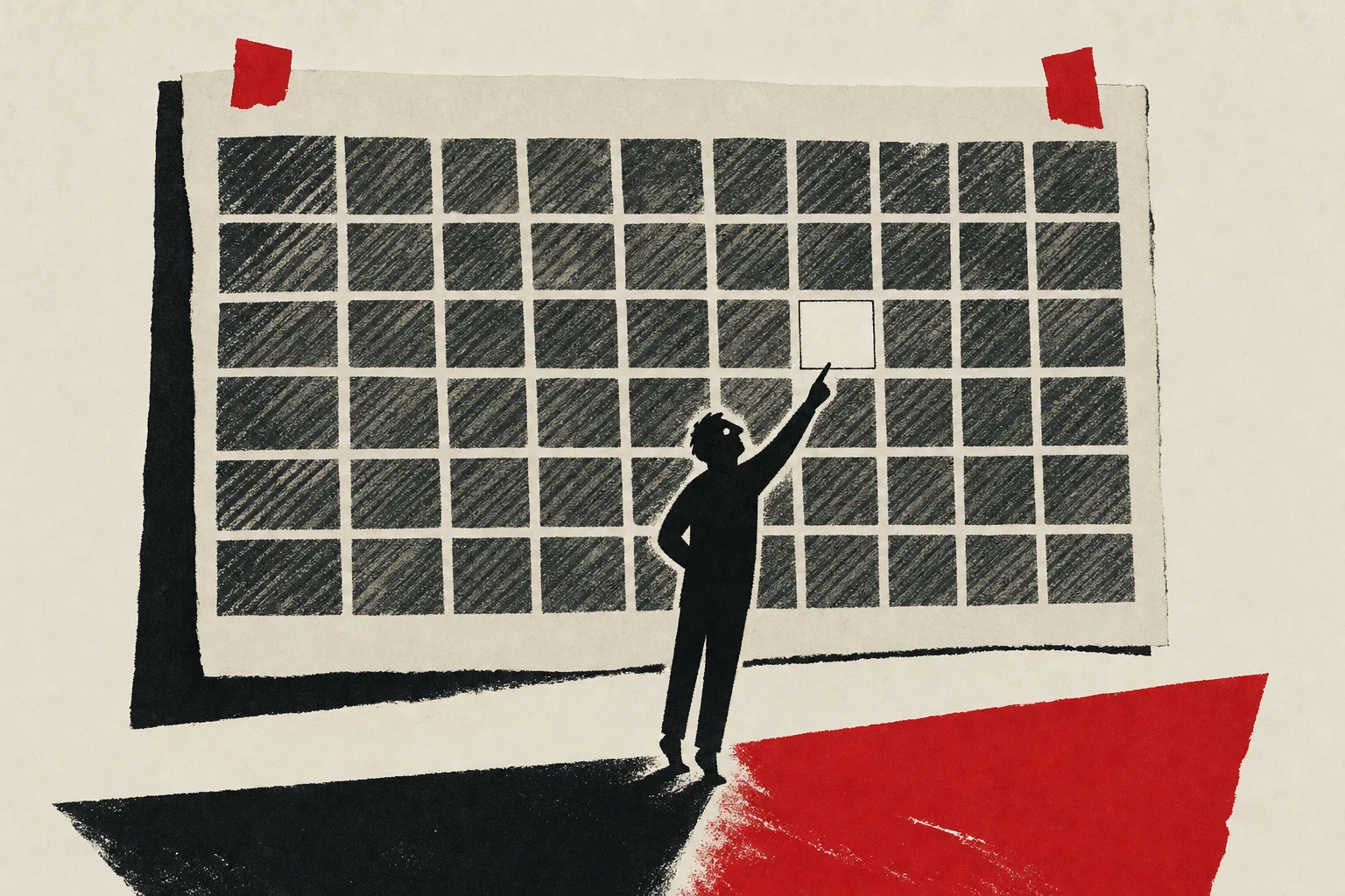 A poster-sized contributions calendar on a wall, weeks mostly green-grey hatched squares except for one empty square filled with a flat vermillion wash; a small figure stands tiptoe, pointing at it with a furrowed brow.