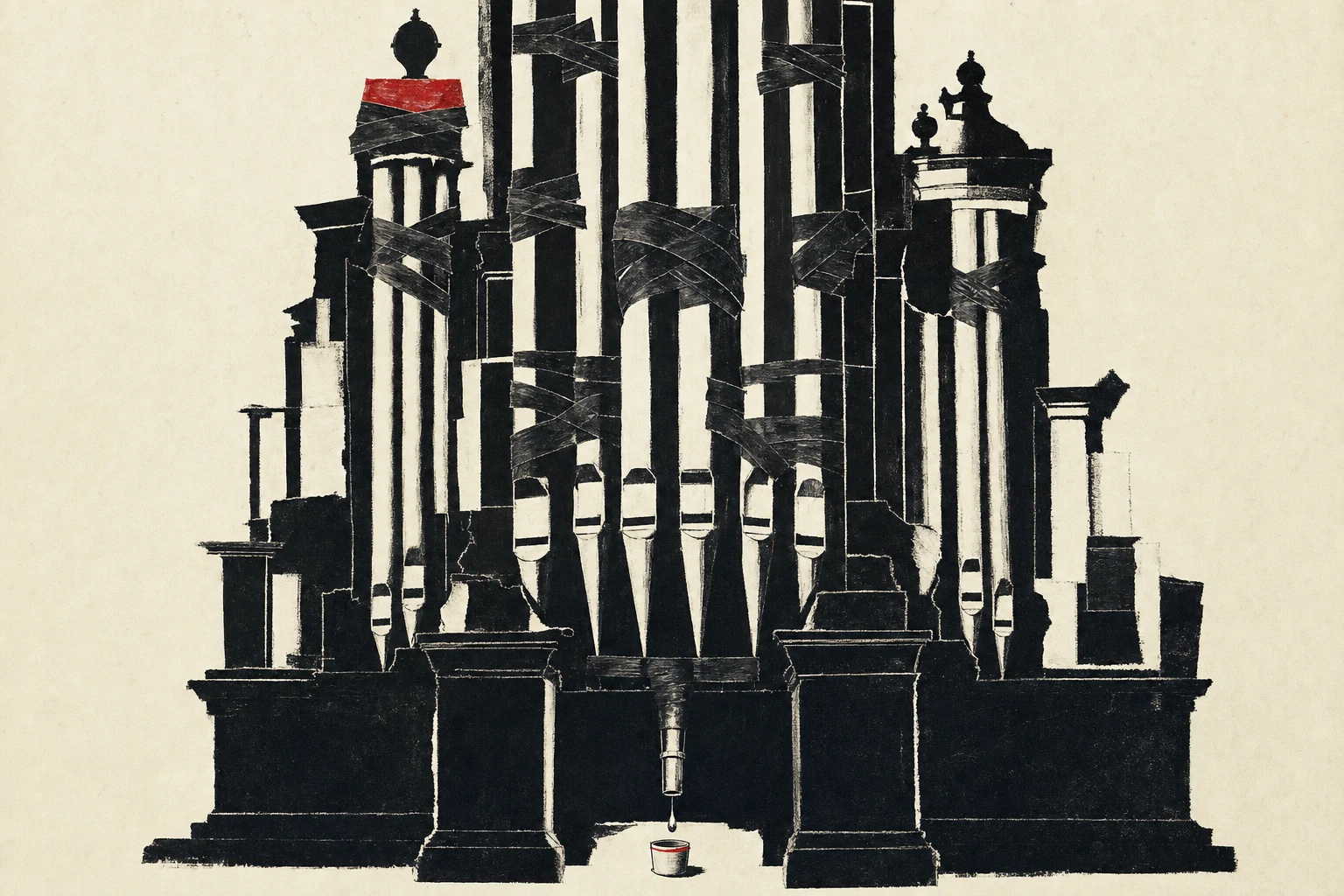 A tangle of pipes with one joint wrapped neatly in proper fittings and the rest held with duct tape and cable ties; a torch illuminates only the proper joint.