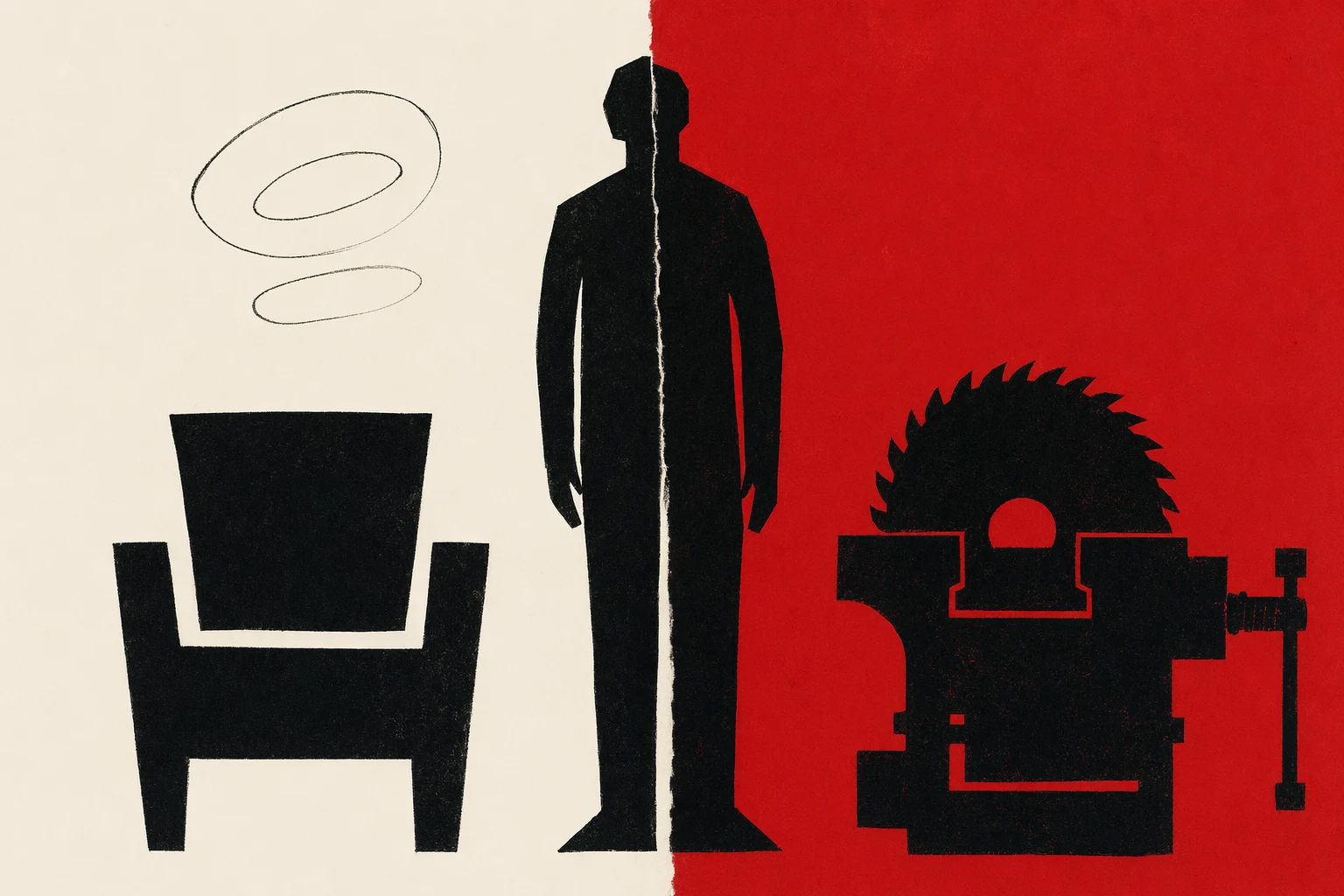 Split scene: on the left a sofa with a laptop balanced on a knee, screen reflected in idle eyes; on the right a proper workbench with the same laptop open, annotated printouts pinned above it and a hand reaching to mark one.