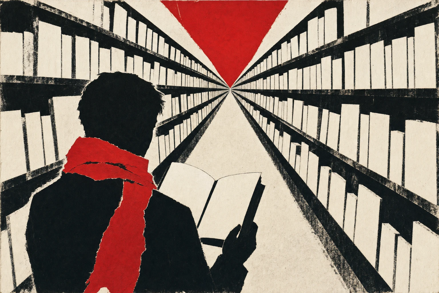 A library aisle stretching into the vanishing-point with all spines completely blank; one reader stands at the near end holding an open book whose pages are also blank, wearing a vermillion scarf.