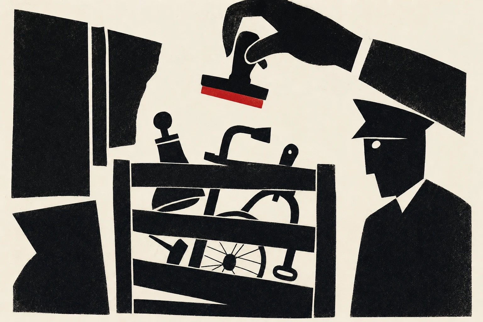 A customs counter at an airport: a traveller pushes a large wheeled crate labelled PROTOTYPE across the counter; the officer holds a rubber stamp poised above a declaration form; a vermillion sticker on the crate reads MINE?