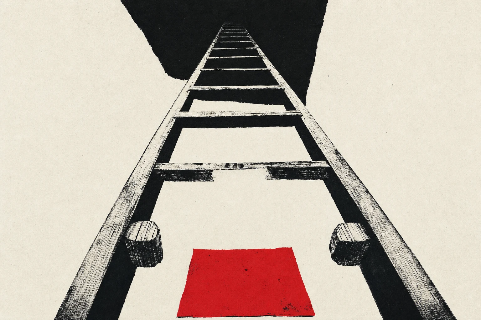 A step-ladder leaning against a wall with its lowest rung missing entirely, the space clean and painted over; a young figure in trainers stands looking up at the gap, hand on the remaining rail, a vermillion sticky note resting on the floor.