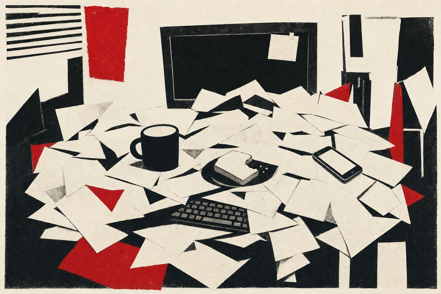 A top-down view of a desk mid-transition: one half holds a stack of neatly labelled folders, the other half a laptop open to a terminal with a blinking cursor; a single vermillion pen rests on the dividing line between them.