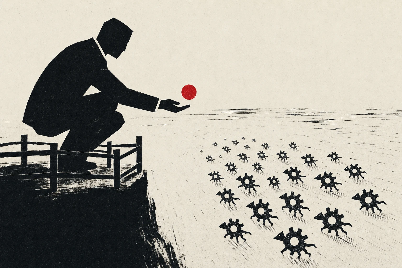 A former agency specialist in professional dress standing at the edge of a small training pen, offering a single vermillion Poke-ball-style object to a huddle of small agent-creatures; cream background; New Yorker editorial cartoon register.