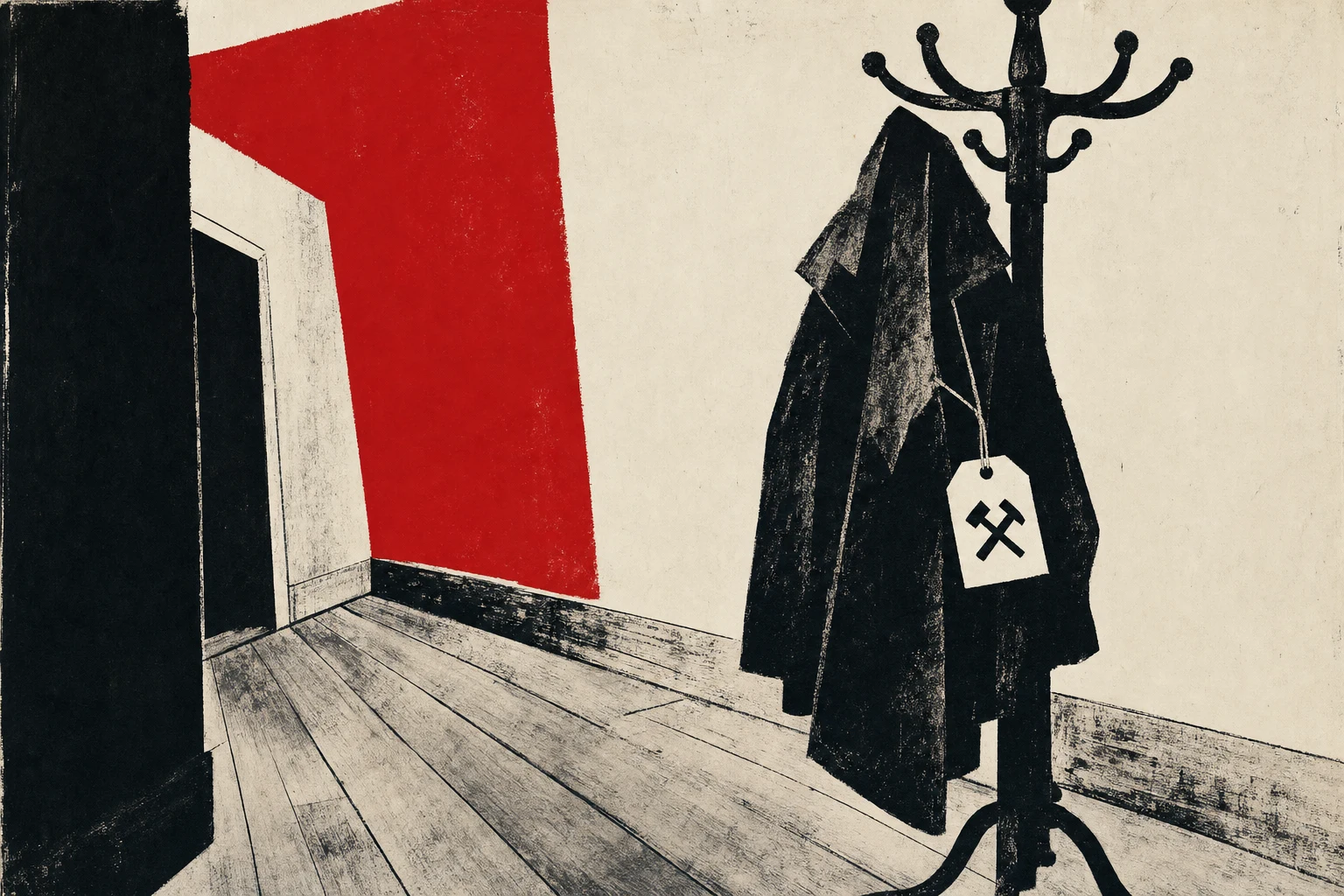 A hat-stand in a hallway with four labelled coats hung on it and an empty fifth peg; one coat's lapel label is vermillion and reads SCULPTING.