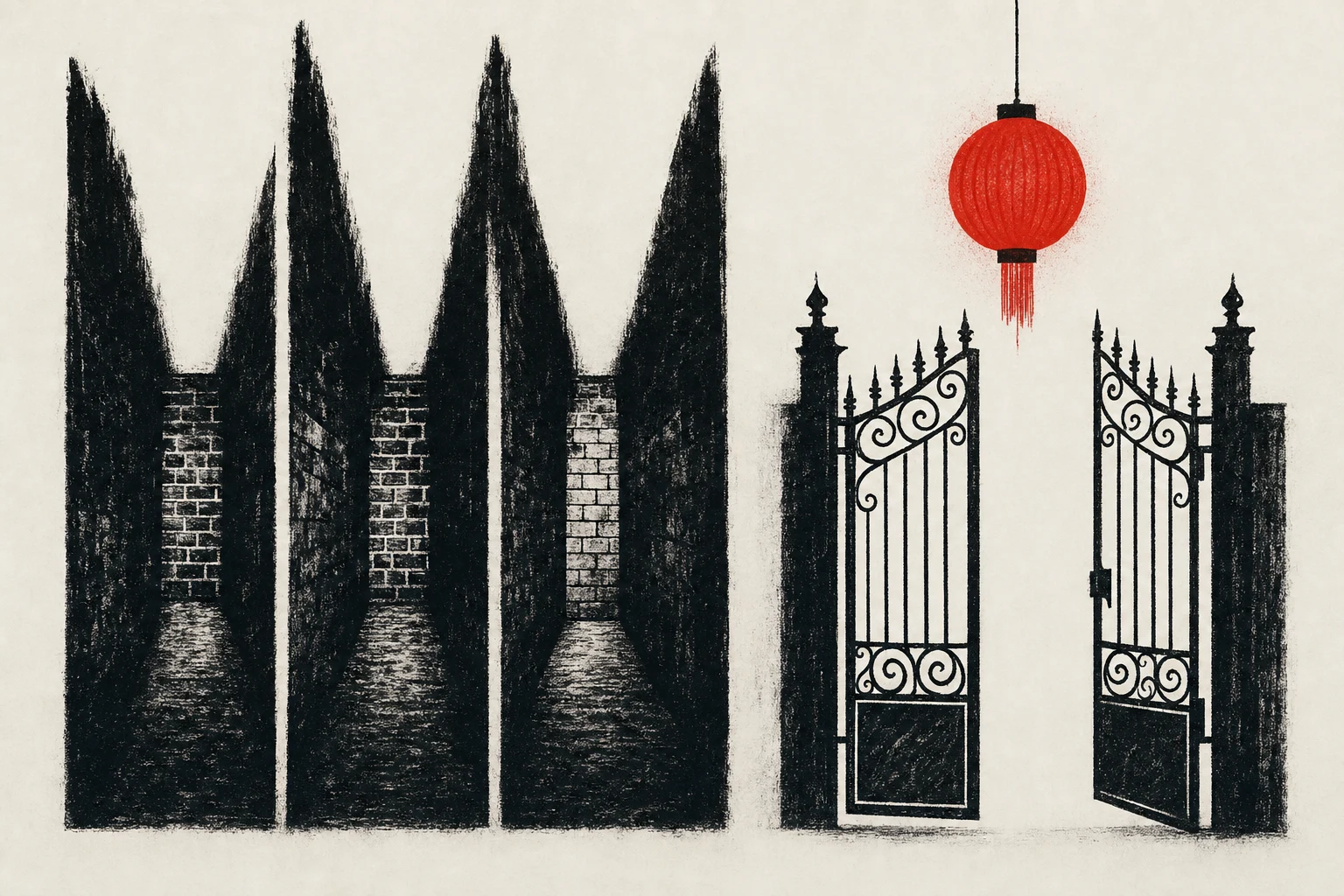 A corridor of three closed plaqued doors — CHAOS, RIGIDITY, PROTOTYPE GAP — and a fourth doorway further down standing open, with only a question mark above it picked out in vermillion on the lintel.
