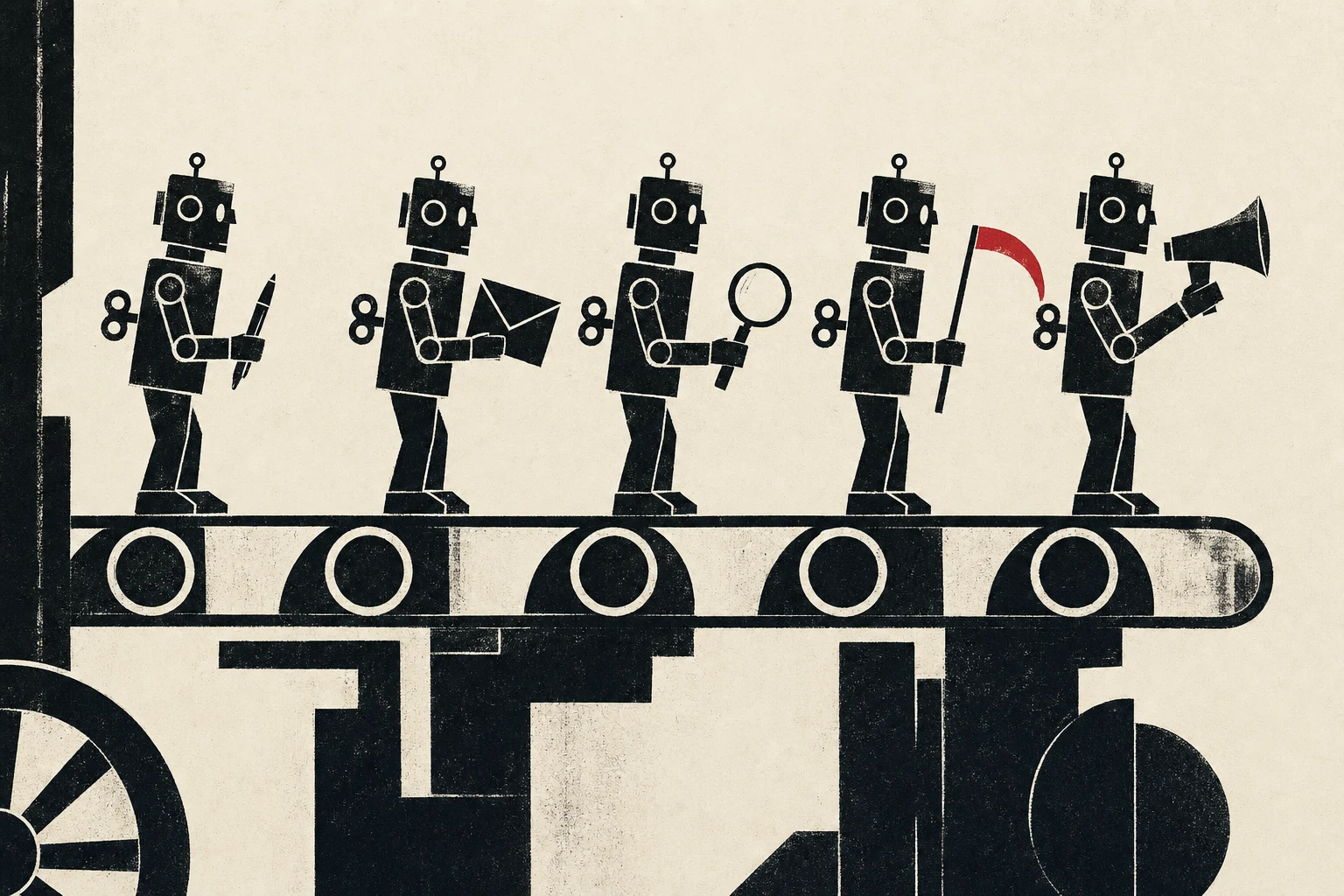 A factory conveyor belt with five clockwork tin-robots in a line, each carrying a different prop — pen, envelope, magnifying glass, scythe, megaphone — the scythe blade picked out in vermillion.
