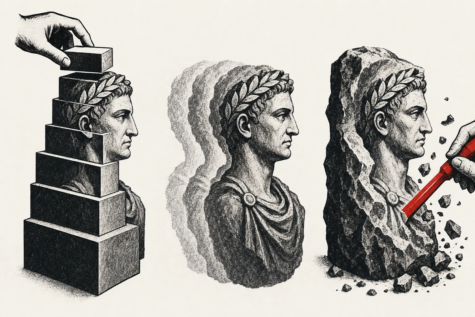 The same classical bust produced three ways: on the left, a hand placing the final LEGO-style brick on an assembled plastic-brick bust; in the middle, hands shaping a clay bust of the same figure on a potter's wheel; on the right, a chisel knocking a vermillion chip off an over-ornate marble sculpture to reveal the same classical bust inside. Same statue, three methods, opposite directions.